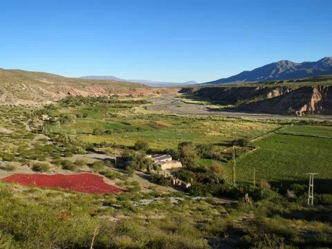 Green valley with blue sky and farmhouse with peppers drying in field Stock Photos