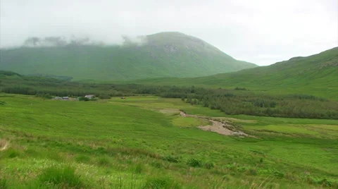 Green valley with a forest of pine trees in the Highlands Stock Footage 39830043