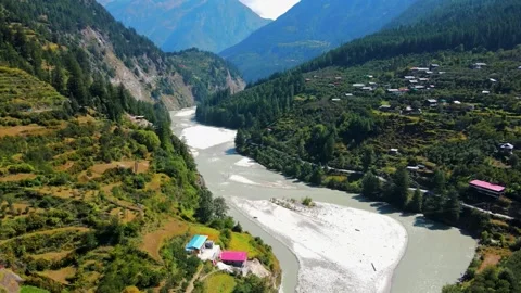 Green Valley with a River Flowing Through the Middle (Top View). Stock Footage 325763643