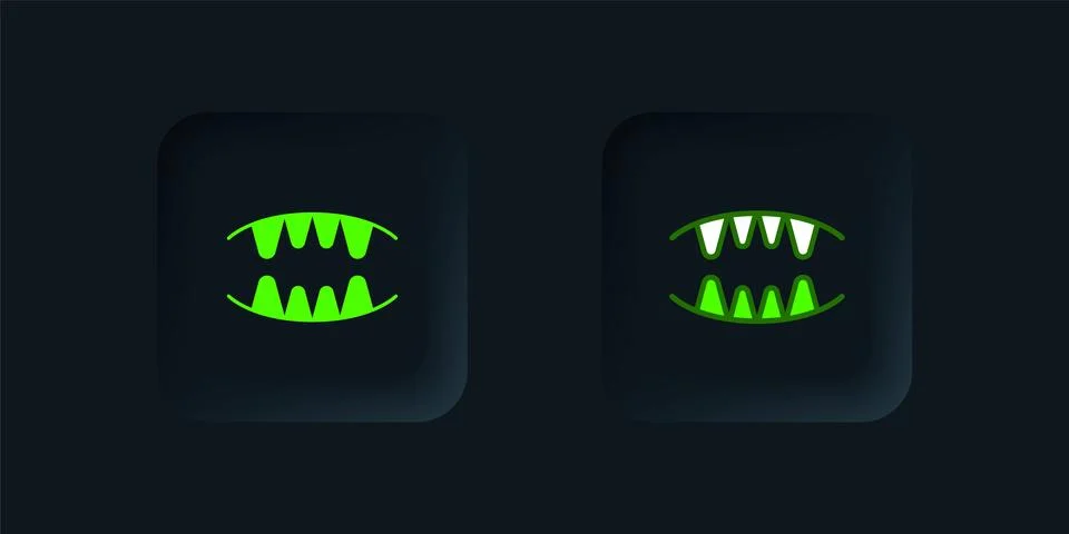 Green Vampire teeth icon isolated on black background. Happy Halloween part.. Illustrazione stock
