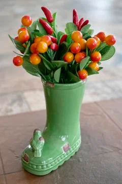 Green vase in the form of a boot with a composition of berries and leaves Stock Photos