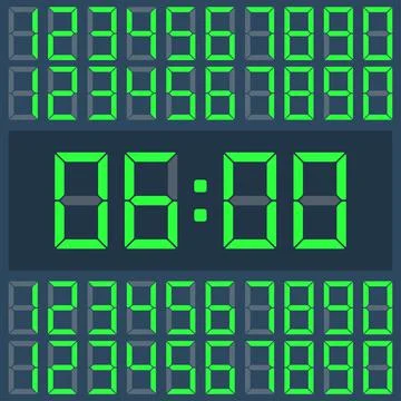 Green Vector Clock Digital numbers on a dark display. Illustrazione stock