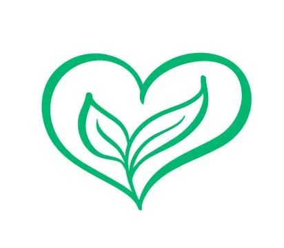 Green vector icon heart shape and two leaves. Can be used for eco, vegan herbal Stock Illustration