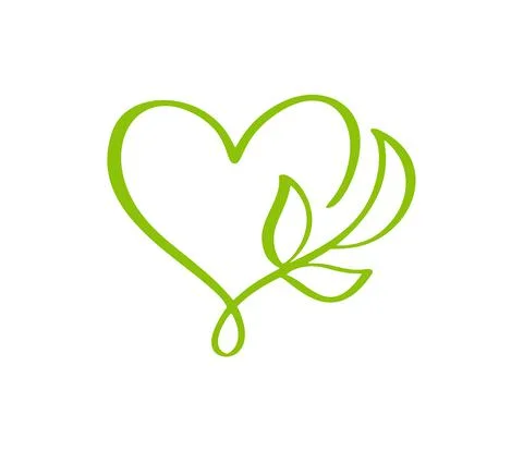 Green vector icon heart shape and leaf. Can be used for eco, vegan herbal Stock Illustration