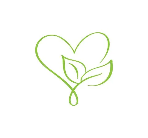 Green vector icon heart shape and leaf. Can be used for eco, vegan herbal Stock Illustration