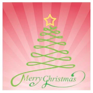 Green vector paper Christmas tree on red ornate background with snowflakes Stock Illustration