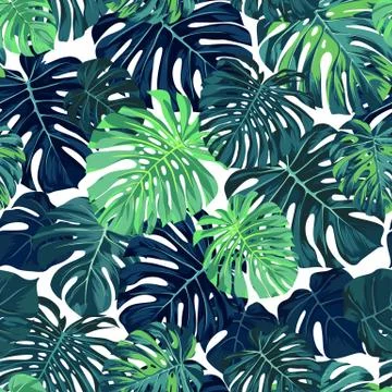 Green vector pattern with monstera palm leaves on dark background. Seamless Stock Illustration