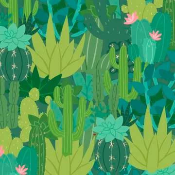 Green vector pattern with succulents and cactuses. Trendy tropical design for イラスト素材