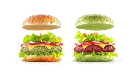 Green vegan hamburger with falling bun mockup, front view Illustrazione stock