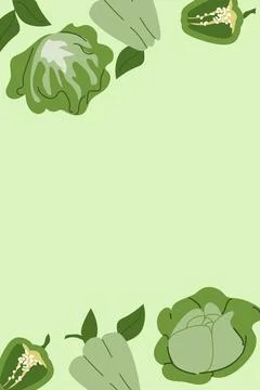 Green vegetable border with cabbage and bell pepper on light background Stock Illustration