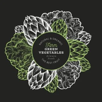 Green vegetables design template. Hand drawn vector food illustration on chal Stock Illustration