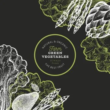 Green vegetables design template. Hand drawn vector food illustration on chal Stock Illustration