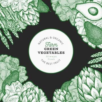 Green vegetables design template. Hand drawn vector food illustration on dark Stock Illustration