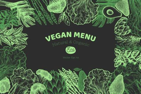 Green vegetables design template. Hand drawn vector food illustration on chal Stock Illustration