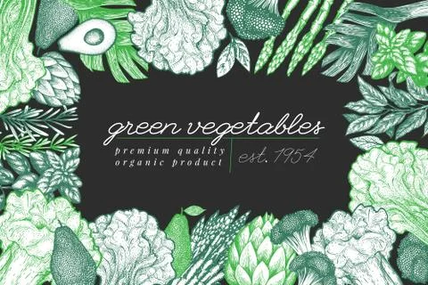 Green vegetables design template. Hand drawn vector food illustration on dark Stock Illustration
