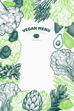 Green vegetables design template. Hand drawn vector food illustration. Engrav Stock Illustration