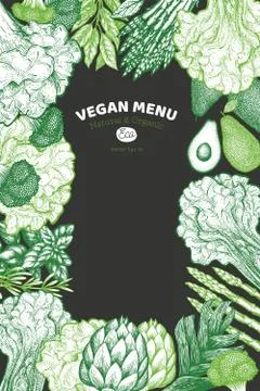 Green vegetables design template. Hand drawn vector food illustration on dark Stock Illustration