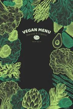 Green vegetables design template. Hand drawn vector food illustration on chal Stock Illustration
