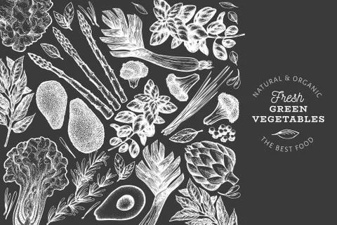 Green vegetables design template. Hand drawn vector food illustration on chal Stock Illustration