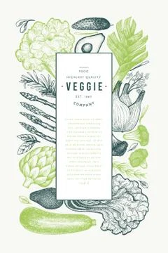 Green vegetables design template. Hand drawn vector food illustration. Engrav Stock Illustration