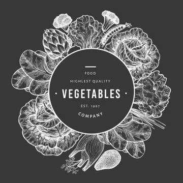 Green vegetables design template. Hand drawn vector food illustration on chal Stock Illustration