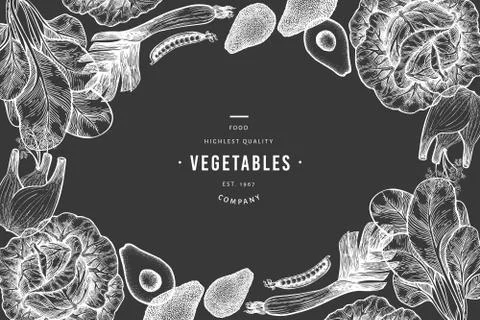 Green vegetables design template. Hand drawn vector food illustration on chal Stock Illustration