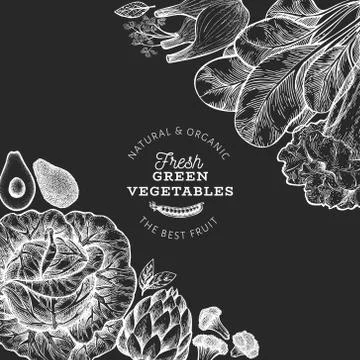 Green vegetables design template. Hand drawn vector food illustration on chal Stock Illustration