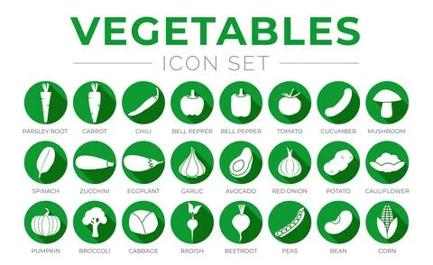 Green Vegetables Flat Round Icon Set of Parsey Root, Carrot, Chilli, Paprik.. Stock Illustration