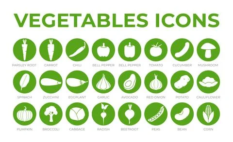 Green Vegetables Round Icon Set of Parsey Root, Carrot, Chilli, Paprika, Pe.. Stock Illustration