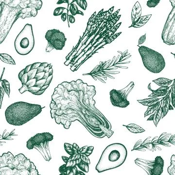 Green vegetables seamless pattern. Hand drawn vector food illustration. Engra Stock-Illustration
