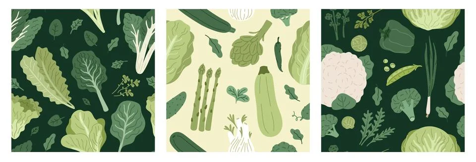Green vegetables seamless patterns. Repeated organic food, vegetarian diet meals Illustrazione stock