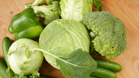 Green vegetables on the table. Stock Footage 238889384