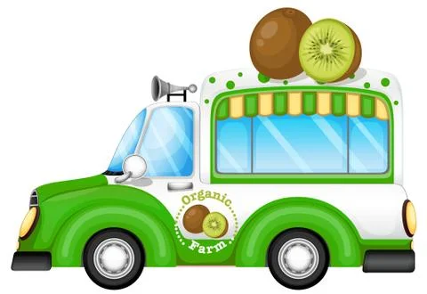 A green vehicle selling kiwi fruits Stock Illustration