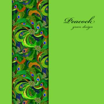 Green vertical border peacock feathers pattern background. Text place. 스톡 일러스트