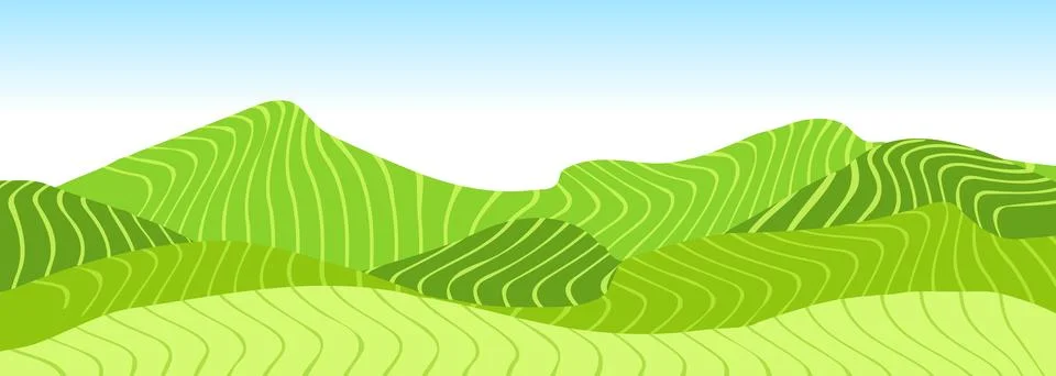 Green vineyard fields background. Abstract hills with tea plantation with blue Stock Illustration