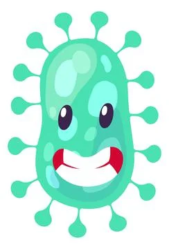 Green virus cell. Evil microbe with cartoon face Stock Illustration