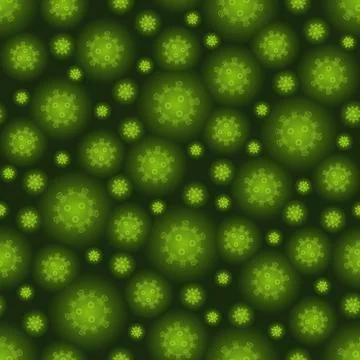 Green virus cell seamless pattern on dark backdrop Illustrazione stock