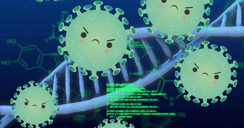 Green virus particle angrily floating in biomedical graphic, with DNA helix 스톡 일러스트