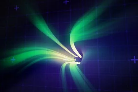 Green vortex with bright light  against lines of blue matrix and codes Stock Illustration
