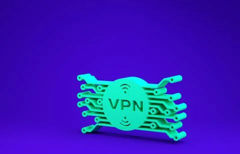 Green VPN in circle with microchip circuit icon isolated on blue background.  Stock Illustration