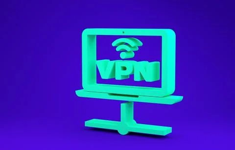 Green VPN Computer network icon isolated on blue background. Laptop network.  Illustrazione stock