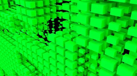 A green wall of many cubes. Abstract background with flying green cubes.  Stock Illustration
