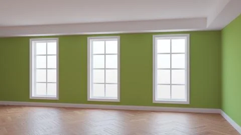 Green Walls Interior, Three Large Windows, Light Glossy Herringbone Parquet Stock Illustration