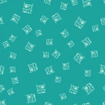 Green Warehouse interior with boxes on racks icon isolated seamless pattern.. Illustrazione stock