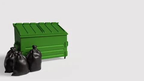 Green Waste Container With Black Garbage Bags 3d render. Stock Illustration