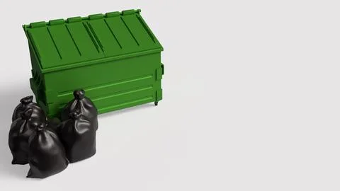 Green Waste Container With Black Garbage Bags 3d render. Stock Illustration