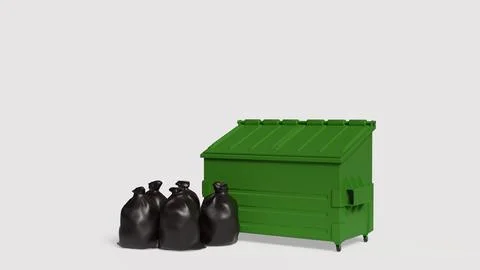 Green Waste Container With Black Garbage Bags 3d render. Stock Illustration