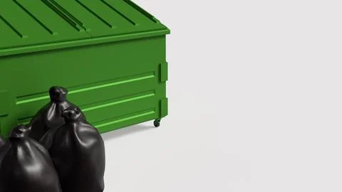 Green Waste Container With Black Garbage Bags 3d render. Stock Illustration