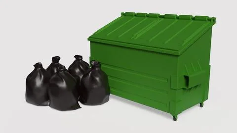 Green Waste Container With Black Garbage Bags 3d render. Stock Illustration