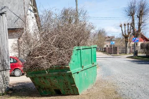 Green Waste Container Filled with Tree Branches on Residential Street Foto stock